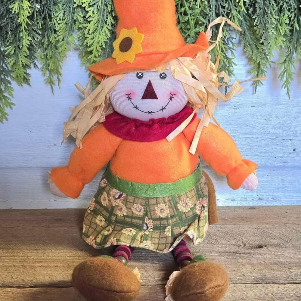 Orange Sunflower Print Scarecrow Girl Shelf Sitter Fall Harvest Halloween Decor